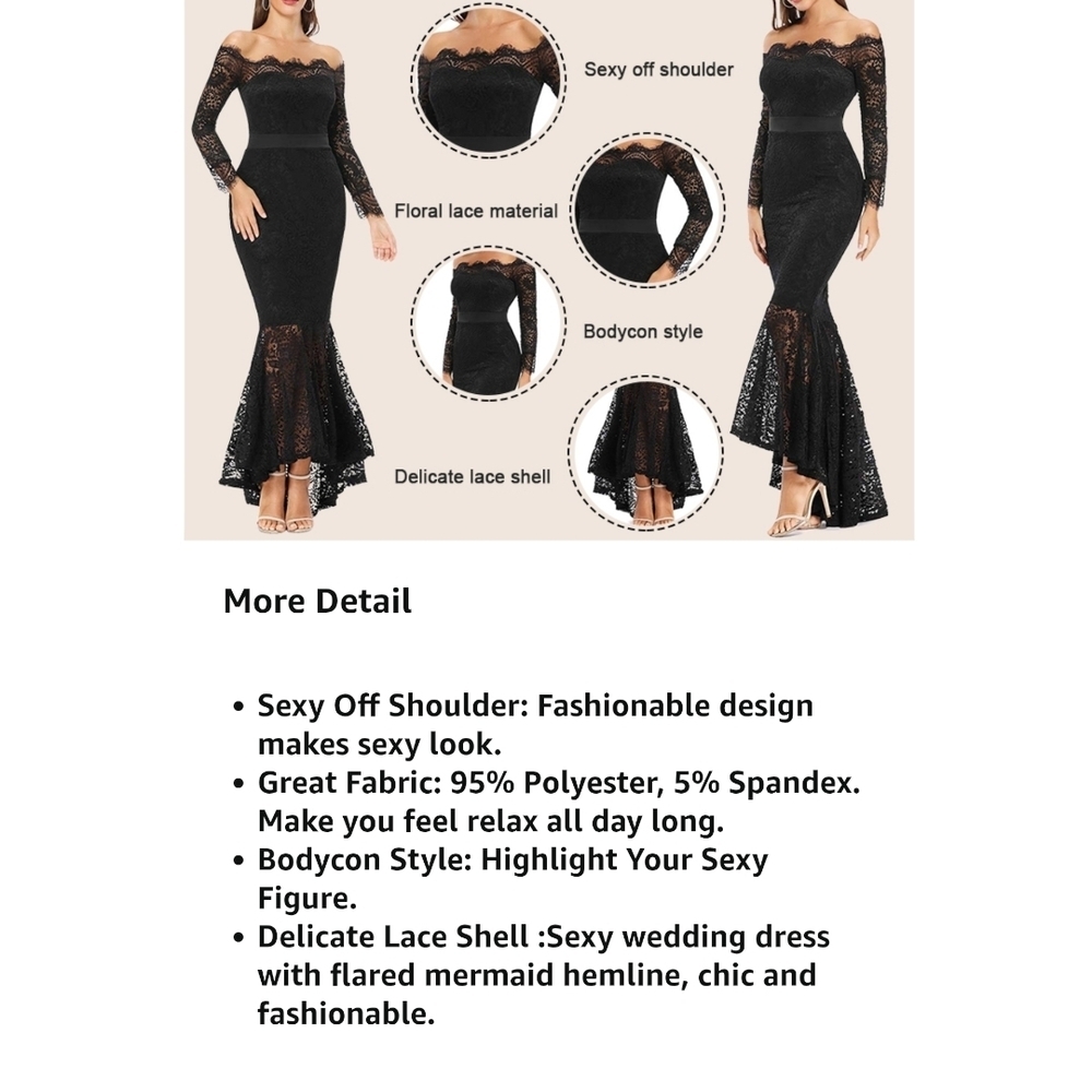 LALAGEN - XXL Floral Lace Long Sleeve Off Shoulder Mermaid Dress Black - Picture 12 of 13